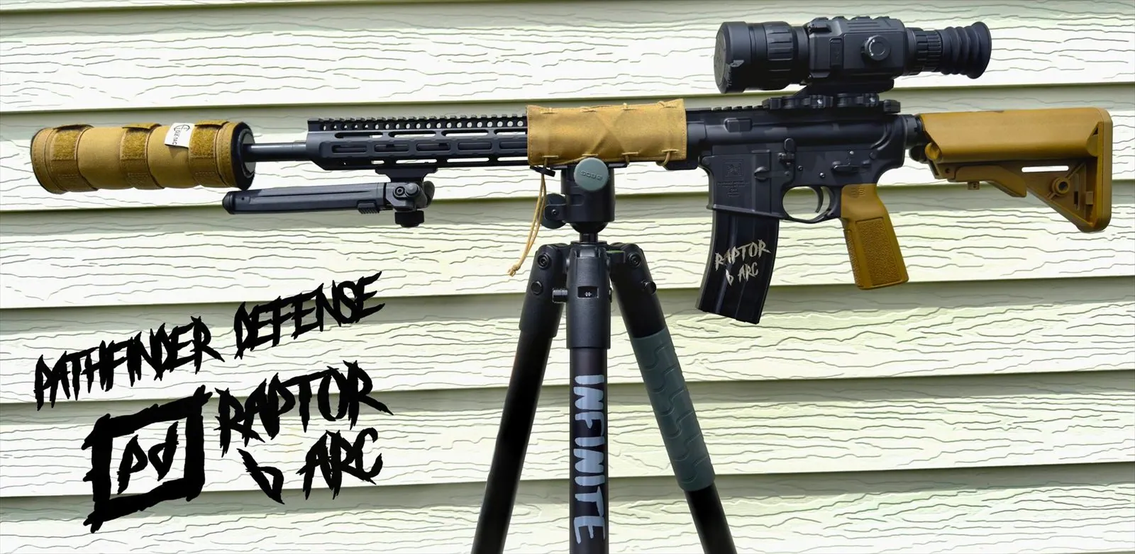 Pathfinder Defense Raptor 6 ARC rifle on a tripod with a thermal scope